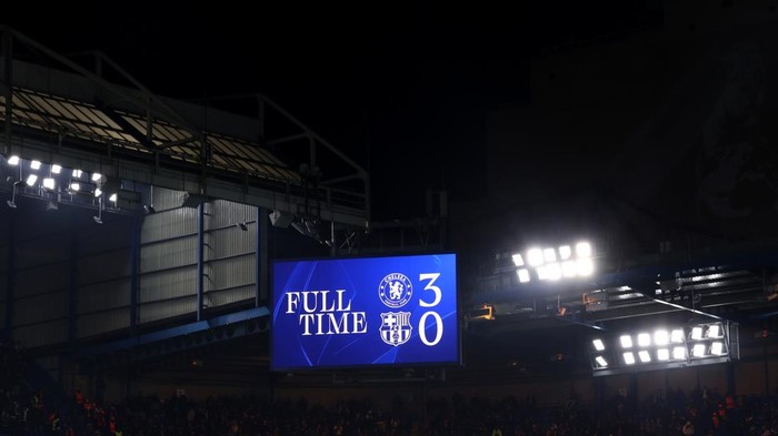 LONDON, ENGLAND - NOVEMBER 25: The scoreboard showing the 3-0 score after the UEFA Champions League 2025/26 League Phase MD5 match between Chelsea FC and FC Barcelona at Stamford Bridge on November 25, 2025 in London, England. (Photo by Catherine Ivill - AMA/Getty Images)