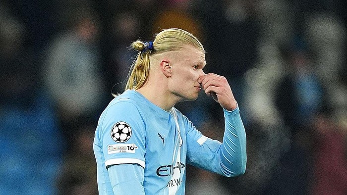 Manchester Citys Erling Haaland reacts during the UEFA Champions League, league phase match at the Etihad Stadium, Manchester. Picture date: Tuesday November 25, 2025. (Photo by Martin Rickett/PA Images via Getty Images)