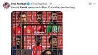 Yamal menjadi daftar penyerang top yang sukses diredam Cucurella sejauh ini. Pemain Spanyol itu bisa disebut bek kiri terbaik dunia saat ini? (Foto: X.com/@TrollFootball)