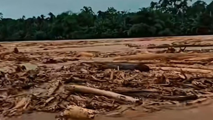 Gelondongan kayu terbawa arus sungai saat banjir di Sibolga-Tapteng. (Tangkapan layar media sosial)