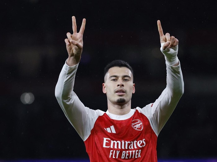 Soccer Football - UEFA Champions League - Arsenal v Bayern Munich - Emirates Stadium, London, Britain - November 26, 2025 Arsenal's Gabriel Martinelli celebrates scoring their third goal Action Images via Reuters/Peter Cziborra