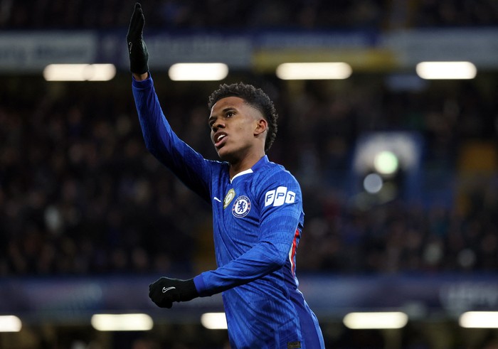 Soccer Football - UEFA Champions League - Chelsea v FC Barcelona - Stamford Bridge, London, Britain - November 25, 2025 Chelseas Estevao celebrates scoring their second goal REUTERS/Hannah Mckay