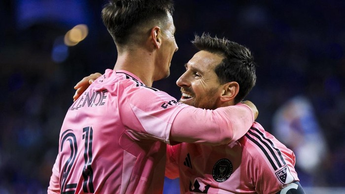 Nov 23, 2025; Cincinnati, Ohio, USA; Inter Miami CF forward Lionel Messi (10) reacts after forward Tadeo Allende (21) scores a goal against FC Cincinnati in the second half at TQL Stadium. Mandatory Credit: Katie Stratman-Imagn Images