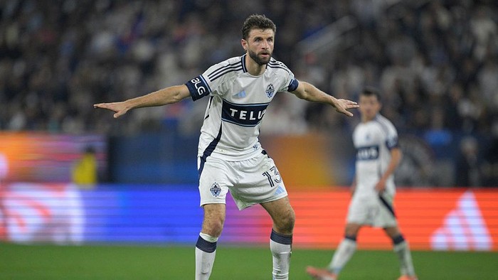 SAN DIEGO, CALIFORNIA - NOVEMBER 29: Thomas Müller #13 of the Vancouver Whitecaps FC reacts during the Audi 2025 MLS Cup western conference final match between San Diego FC and Vancouver Whitecaps FC at Snapdragon Stadium on November 29, 2025 in San Diego, California.  (Photo by Orlando Ramirez/Getty Images)