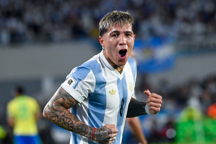 The player from Argentina, Enzo Fernandez, celebrates a goal during a South American qualifier match for the 2026 FIFA World Cup between Argentina and Brazil at the Mas Monumental stadium in Buenos Aires, Argentina, on March 25, 2025. (Photo by Juan Manuel Baez/NurPhoto via Getty Images)
