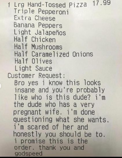 Pesanan pizza ngidam Takut Sama Istri yang Ngidam, Pria ini Tulis Pesan Kocak saat Beli Pizza