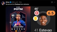 Estevao, wonderkid Chelsea, diledek karena tampil mejan meski sebelumnya bersinar saat melawan Barcelona. Ia langsung dibanding-bandingkan dengan Lamine Yamal. (Foto: X.com/@Bri_an2)