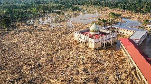 Foto udara menampilkan tumpukan kayu-kayu memenuhi area Pondok Pesantren Darul Mukhlishin pascabanjir bandang di  Desa Tanjung Karang, Karang Baru, Kabupaten Aceh Tamiang, Aceh, Jumat (5/12/2025). Usai sepekan setelah bencana banjir bandang, akses menuju Desa Tanjung Karang masih terhambat akibat banyaknya tumpukan pohon dan lumpur tebal dari Sungai Tamiang sehingga bantuan sulit masuk ke wilayah tersebut. ANTARA FOTO/Erlangga Bregas Prakoso