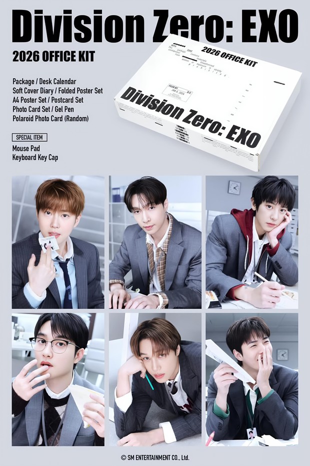 Potret EXO dalam Season's Greeting 2026/ Foto: instagram.com/weareone.exo EXO mengusung konsep pegawai kantoran dalam foto Season's Greeting 2026. Mereka tergabung Division Zero sebagaimana tajuk utama tertulis.