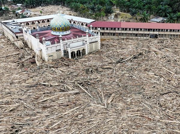 Tumpukan Kayu Pascabanjir Bandang Putus Akses Desa Tanjung Karang Aceh Tamiang