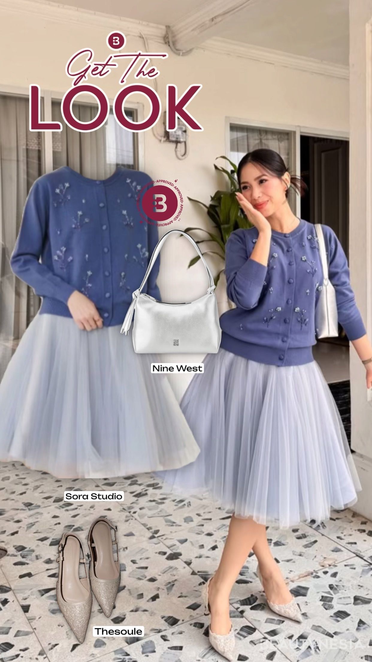 Abel Cantika tampil manis dan girly menggunakan beaded cardigan berwarna blueberry yang dipadukan dengan midi tutu skirt berwarna lavender blue yang gemas.