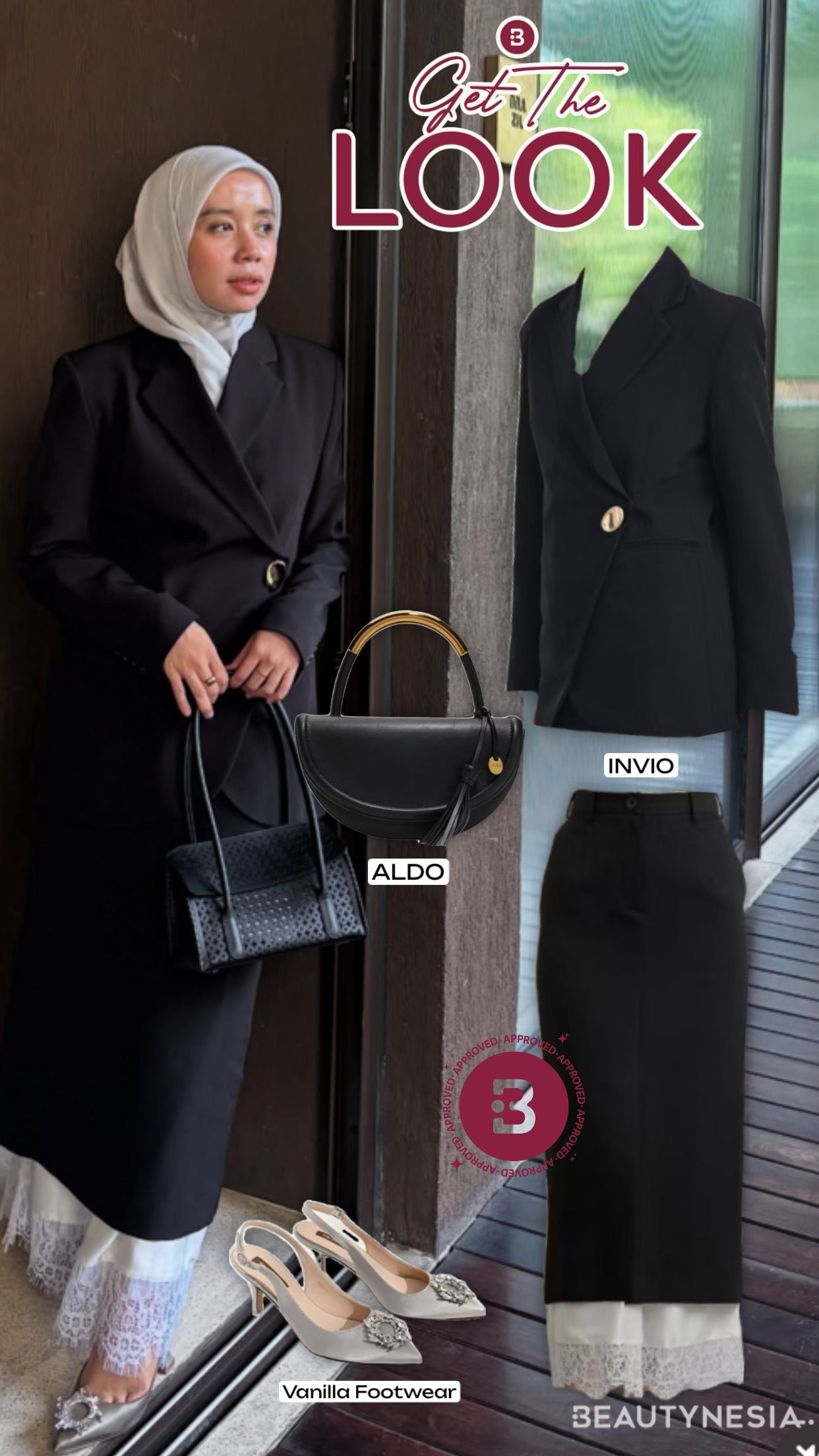 Thata Al Jundiah menggunakan wrapped button blazer berpotongan asimetris dipadukan dengan satin lace skirt berwarna hitam, dilengkapi dengan satin heels yang membuat penampilannya semakin stunning.