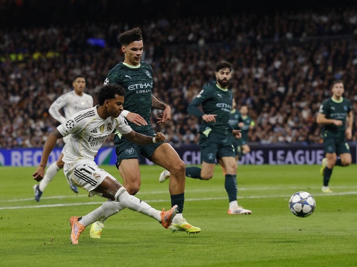 Soccer Football - UEFA Champions League - Real Madrid v Manchester City -  Santiago Bernabeu, Madrid, Spain - December 10, 2025  Real Madrids Rodrygo scores their first goal Action Images via Reuters/Andrew Couldridge