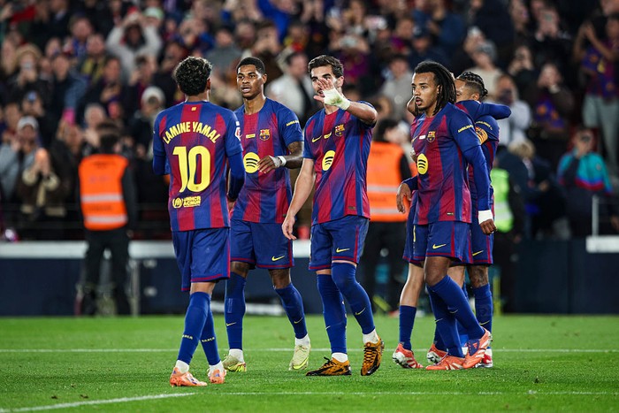 Lamine Yamal of FC Barcelona celebrates with his teammates during the La Liga EA Sports 2025/26 match between FC Barcelona and CA Osasuna at Spotify Camp Nou Stadium in Barcelona, Spain, on December 13, 2025. (Photo by Gongora/NurPhoto via Getty Images)