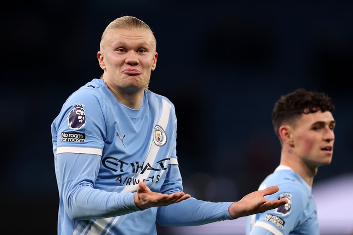 MANCHESTER, ENGLAND - DECEMBER 20: Erling Haaland of Manchester City reacts after the Premier League match between Manchester City and West Ham United at Etihad Stadium on December 20, 2025 in Manchester, England. (Photo by Carl Recine/Getty Images)