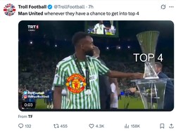 Kekalahan dari Villa bikin MU cuma bisa meratapi kegagalan menembus empat besar. (Foto: X.com/@TrollFootball)