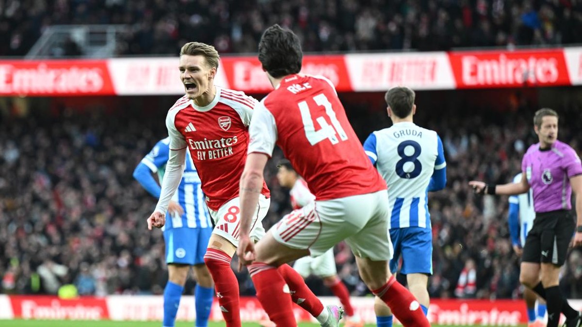 Perayaan gol Martin Odegaard. (Foto: Arsenal FC via Getty Images/Stuart MacFarlane)