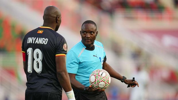 Djindo Louis Houngnandande  looks on  during the AFCON Group C match between Uganda and  Nigeria at Fes stadium, Fes, Morocco on December 30, 2025.  (Photo by Ulrik Pedersen/NurPhoto via Getty Images)