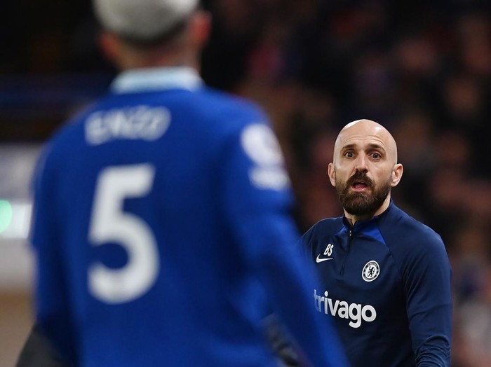LONDON, ENGLAND - APRIL 04: Bruno Saltor, Interim Manager of Chelsea, looks on towards Enzo Fernandez during the Premier League match between Chelsea FC and Liverpool FC at Stamford Bridge on April 04, 2023 in London, England. (Photo by Darren Walsh/Chelsea FC via Getty Images)