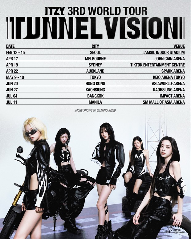 Poster World Tour 'Tunnel Vision'/Foto: x.com/ITZYofficial ITZY resmi merilis poster jadwal world tour mereka pada Jumat, (2/1/2026). Tur bertajuk 'TUNNEL VISION' ini rencananya bakal dibuka di Seoul selama tiga hari berturut-turut, yaitu pada tanggal 13, 14, dan 15 Februari 2026 di Jamsil Indoor Stadium.