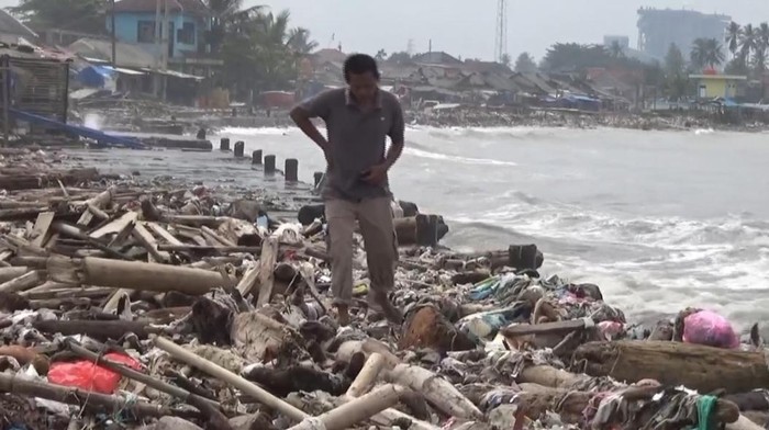 Tepi Pantai Teluk Pandeglang Dipenuhi Sampah Kayu, Diduga dari Luar Banten