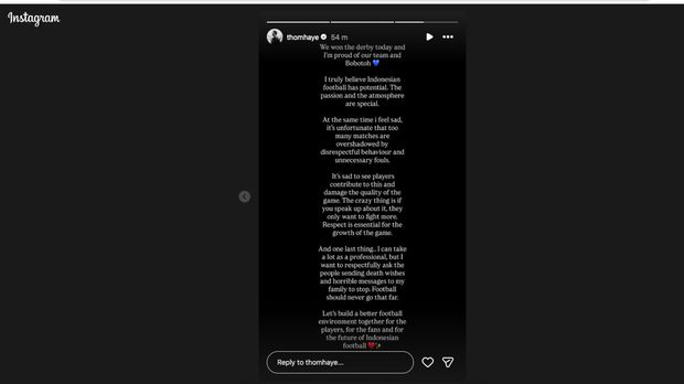 Thom Haye curhat soal pelanggaran berat yang sering kali terjadi di Super League hingga ancaman pembunuhan keluarga yang dilakukan netizen. (Tangkapan Layar Instagram @thomhaye)