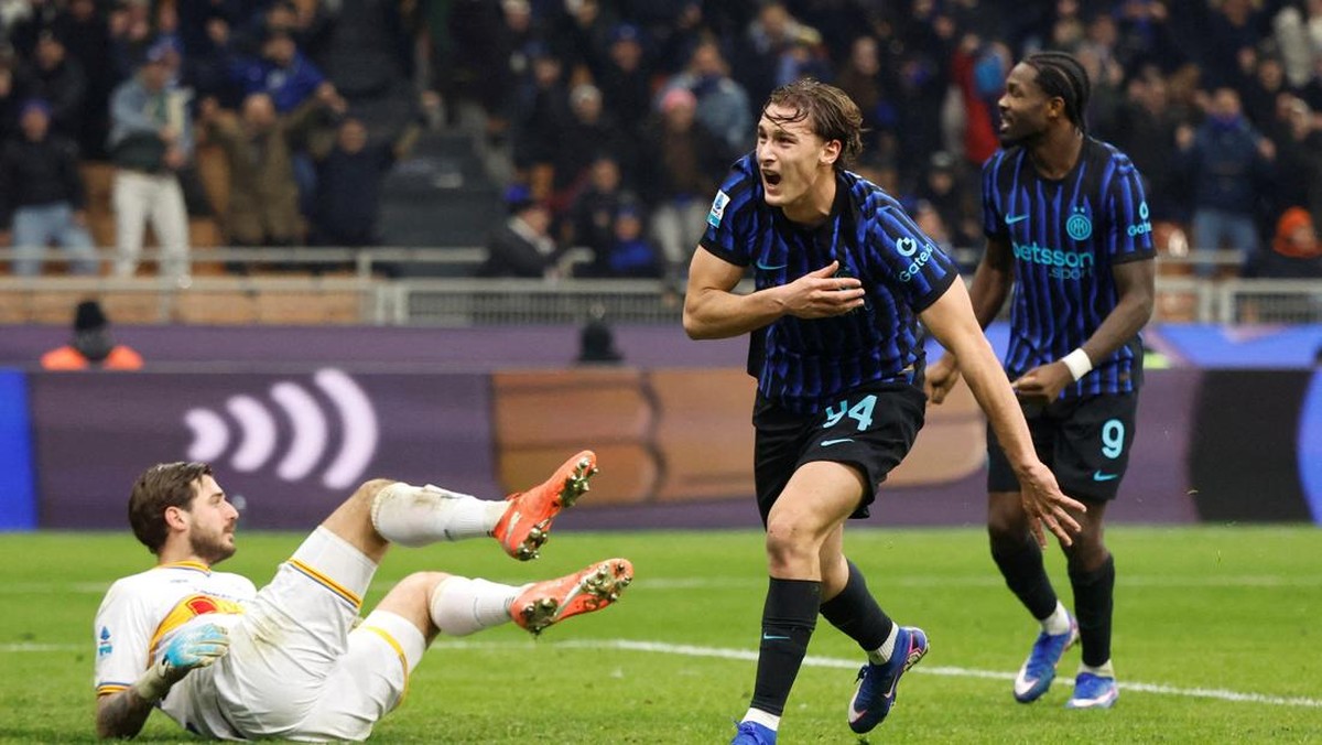 Pio Esposito bikin gol kemenangan Inter Milan atas Lecce 1-0. (REUTERS/Alessandro Garofalo)