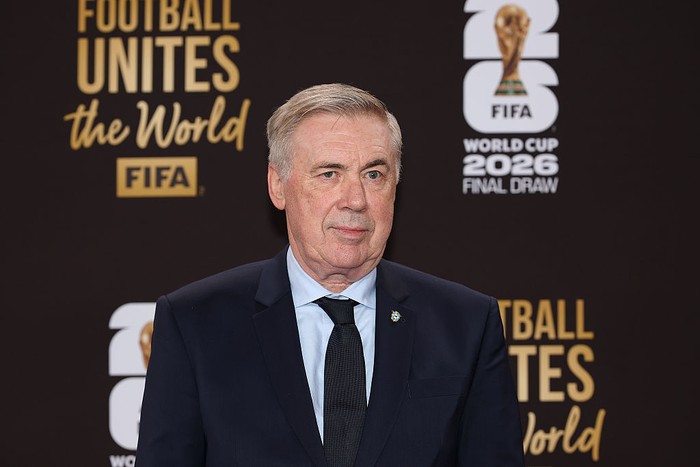 WASHINGTON, DC - DECEMBER 05: Carlo Ancelotti, Head Coach of Brazil, poses on the red carpet prior to the FIFA World Cup 2026 Official Draw at John F. Kennedy Center for the Performing Arts on December 05, 2025 in Washington, DC.  (Photo by Emilee Ch