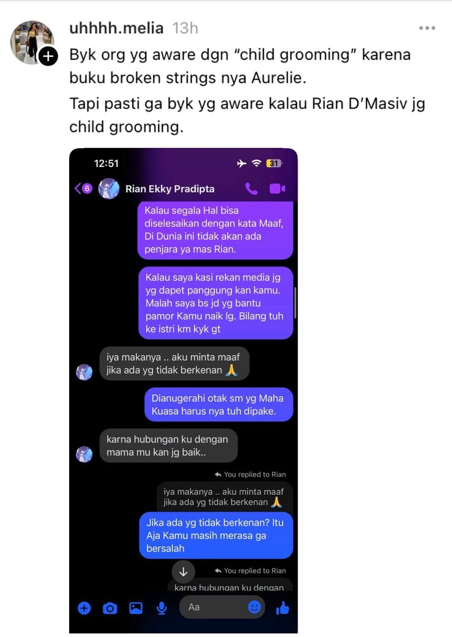 Unggahan yang membahas Rian diduga pelaku child grooming.