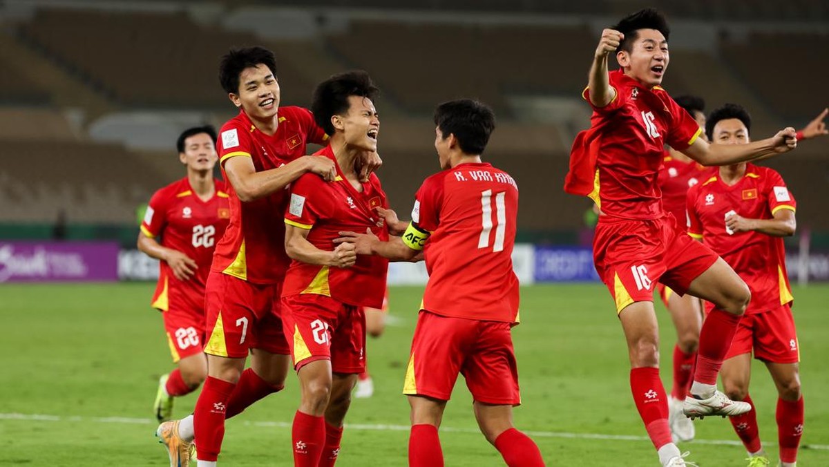 Kebahagiaan pemain Timnas Vietnam U-23 di Piala Asia U-23 2026. (Foto: Getty Images/Zhizhao Wu)