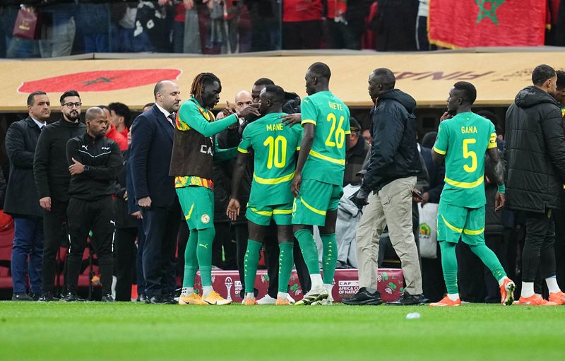 Sadio Mane of Senegal and Pape Alassne Gueye of Senegal gestures  during the AFCON final between Morocco and Senegal at Complexe Sportif Prince Moulay Abdellah, Rabat, Morocco on January 18, 2026.  (Photo by Ulrik Pedersen/NurPhoto via Getty Images)