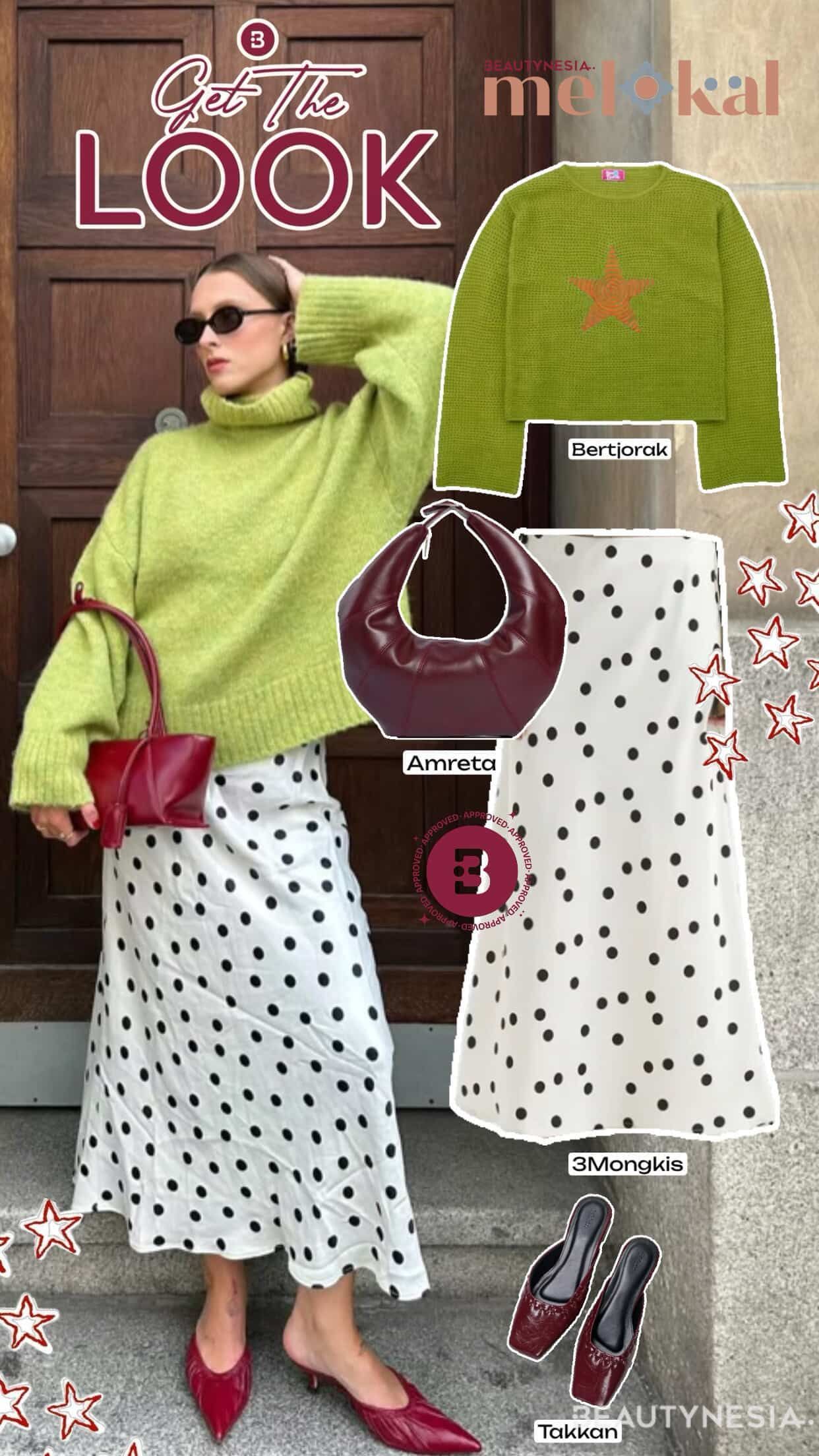 Lara tampil playful dengan perpaduan warna yang eye catching: hijau, putih, hitam, serta burgundy.