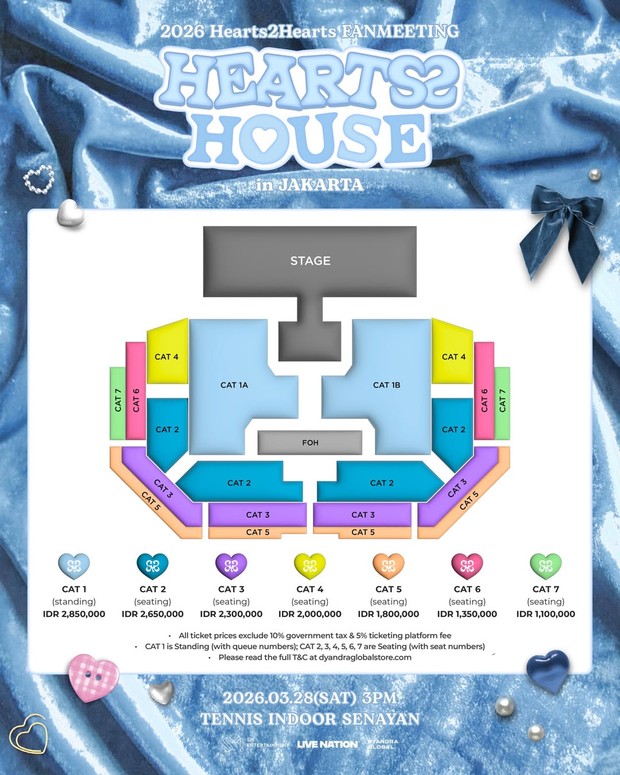 Poster pricelist dan seatplan fanmeeting Hearts2Hearts 'Hearts2House'/ Foto: instagram.com/dyandraglobal Pada (23/1), Dyandra Global merilis rincian lengkap mengenai fanmeeting 'Hearts2House' di Jakarta. Dalam salah satu rinciannya, promotor membagikan tata letak dari tempat duduk beserta harga lengkapnya.