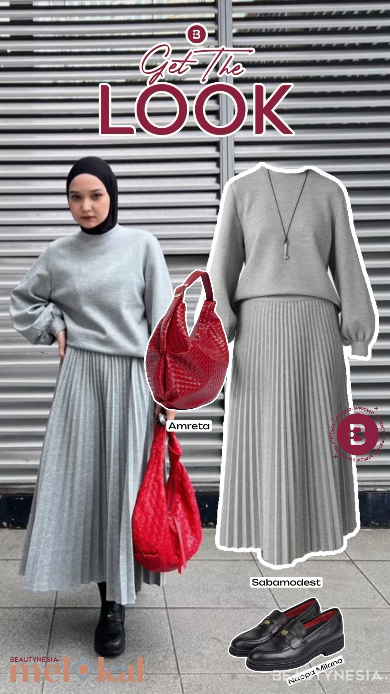 Soraya tampil effortlessly stylish menggunakan sweater dan plisket skirt berwarna senada. Handbag merah cerah menjadi aksen warna yang mencuri perhatian pada look-nya kali ini.
