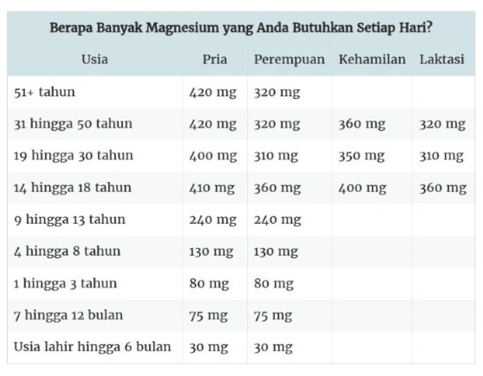 Tabel kebutuhan magnesium
