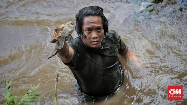 Arief Kamarudin (34), konten kreator lingkungan, menyusuri bantaran Sungai Ciliwung di Lenteng Agung, Jakarta, Sabtu, 31 Januari 2025. Dengan tubuh setengah terendam air, ia mencari ikan sapu-sapu, spesies invasif yang kini mendominasi sungai. (CNN Indonesia/Adhi Wicaksono)