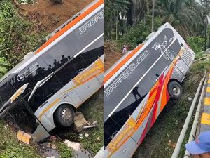 Detik-detik Bus AKAP Padang-Jambi Terperosok Masuk Jurang di Tebo