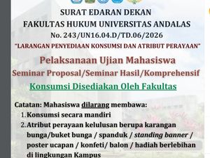 Fakultas Hukum Unand Larang Mahasiswa Bawa Atribut Perayaan Seminar-Sidang