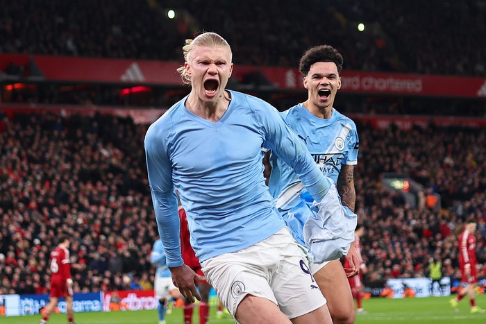 LIVERPOOL, ENGLAND - FEBRUARY 8: Erling Haaland of Manchester City celebrates after scoring a goal to make it 1-2  during the Premier League match between Liverpool and Manchester City at Anfield on February 8, 2026 in Liverpool, United Kingdom. (Photo by Robbie Jay Barratt - AMA/Getty Images)