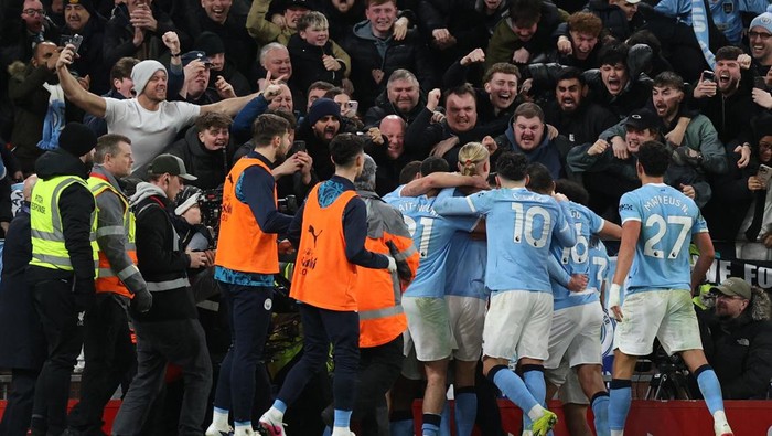 Para pemain Manchester City dalam pertandingan sebelumnya. Dini hari nanti Man City akan menghadapi Fulham dalam lanjutan Premier League.