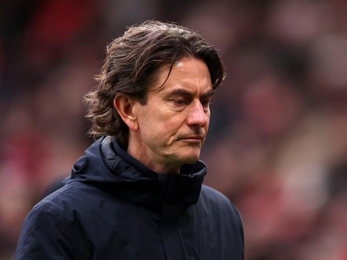MANCHESTER, ENGLAND - FEBRUARY 07: Thomas Frank, Manager of Tottenham Hotspur, looks on during the Premier League match between Manchester United and Tottenham Hotspur at Old Trafford on February 07, 2026 in Manchester, England. (Photo by Carl Recine/Getty Images)