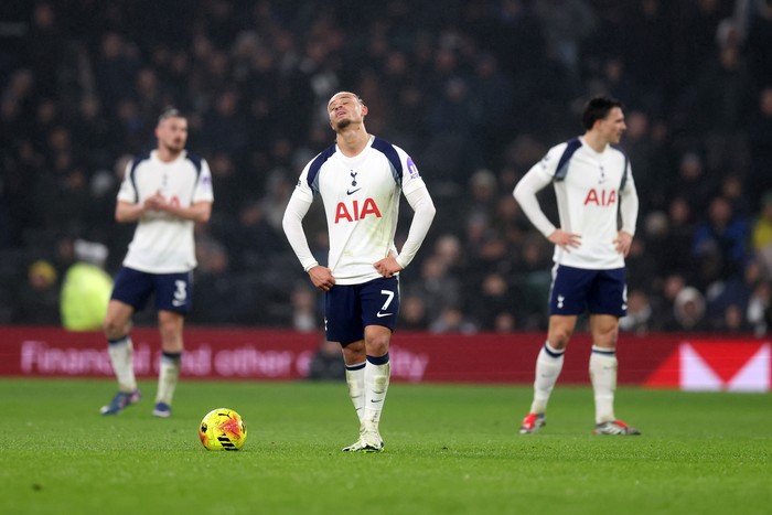LONDON, ENGLAND - FEBRUARY 10:  Xavi Simons of Tottenham Hotspur reacts after Newcastle score a goal during the Premier League match between Tottenham Hotspur and Newcastle United at Tottenham Hotspur Stadium on February 10, 2026 in London, England. (Photo by Catherine Ivill - AMA/Getty Images)