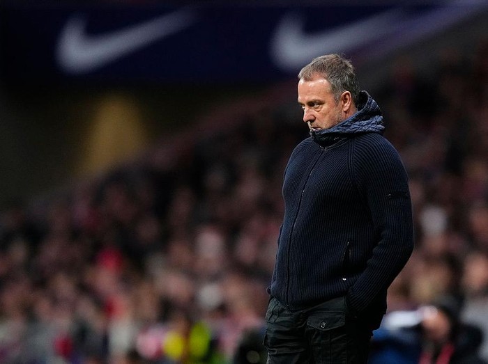Hansi Flick head coach of Barcelona reacts during the first leg of the Copa del Rey semi-final between Atletico de Madrid and FC Barcelona at Riyadh Air Metropolitano on February 12, 2026 in Madrid, Spain. (Photo by Jose Breton/Pics Action/NurPhoto via Getty Images)