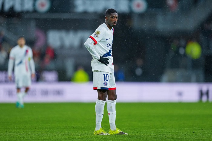 RENNES, FRANCE - FEBRUARY 13: Ousmane Dembele of PSG looks on  during the Ligue 1 McDonalds match between Rennes and Paris Saint-Germain at Roazhon Park on February 13, 2026 in Rennes, France. (Photo by Franco Arland/Getty Images)