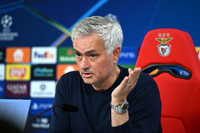 LISBON, PORTUGAL - FEBRUARY 17: Jose Mourinho, Head Coach of Benfica, speaks to the media in a post match press conference following the UEFA Champions League 2025/26 League Knockout Play-off First Leg match between SL Benfica and Real Madrid C.F. at Estadio do SL Benfica on February 17, 2026 in Lisbon, Portugal. (Photo by Octavio Passos - UEFA/UEFA via Getty Images)