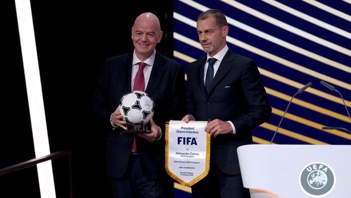 BRUSSELS, BELGIUM - FEBRUARY 12: Gianni Infantino, President of FIFA, and Aleksander Ceferin, UEFA President, pose for a photo during the 50th UEFA Ordinary Congress Meeting at Brussels Expo on February 12, 2026 in Brussels, Belgium. (Photo by Harry 
