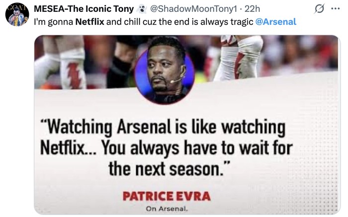 Meme Arsenal disama-samakan dengan serial Netflix karena tak kunjung juara tiap musimnya.