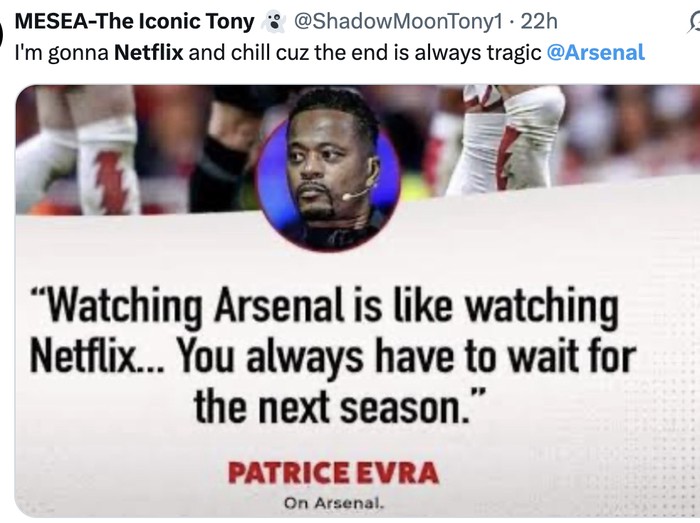 Meme Arsenal disama-samakan dengan serial Netflix karena tak kunjung juara tiap musimnya.