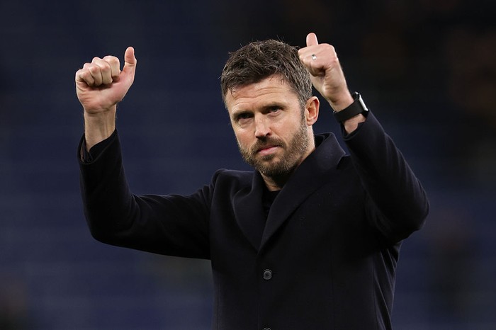LIVERPOOL, ENGLAND - FEBRUARY 23: Michael Carrick manager of Manchester United celebrates after the Premier League match between Everton and Manchester United at Hill Dickinson Stadium on February 23, 2026 in Liverpool, England. (Photo by MB Media/Ge