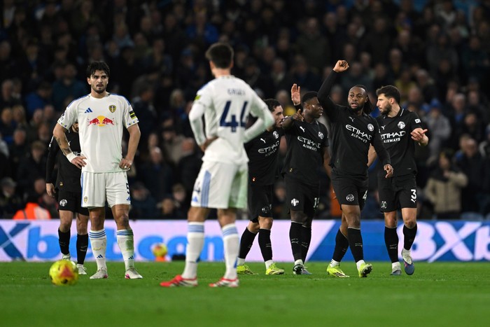 LEEDS, ENGLAND - FEBRUARY 28: Antoine Semenyo of Manchester City celebrates scoring his team's first goal  during the Premier League match between Leeds United and Manchester City at Elland Road on February 28, 2026 in Leeds, England. (Photo by Shaun Botterill/Getty Images)
